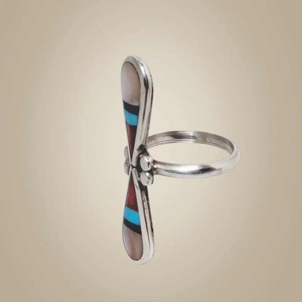 Zuni Sterling Silver Inlay Ring w/MOP, Coral, Turquoise & Onyx – Size 5.25